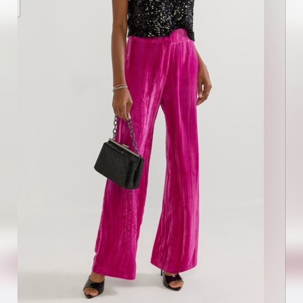 FRANCESCA'S Velvet crinkle wide-leg pants In Hot Pink. XS NWT